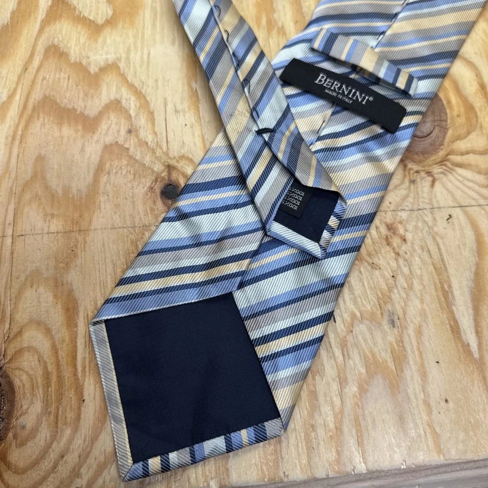 Bernini Neck Tie 100%‎ Silk Regimental Stripe Classic Blue Beige Beach Wedding